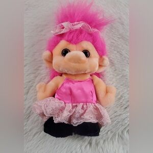 Trolio Trolls 1999 Vintage Plush Toy Pink Troll with Lace Dress Hot Pink hair